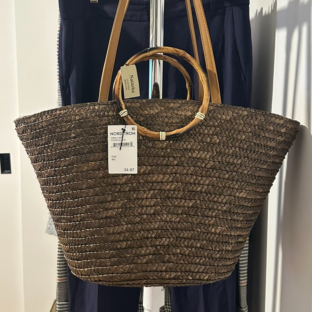 Natasha Accessories Woven Straw Tote Bag with Bamboo Handles